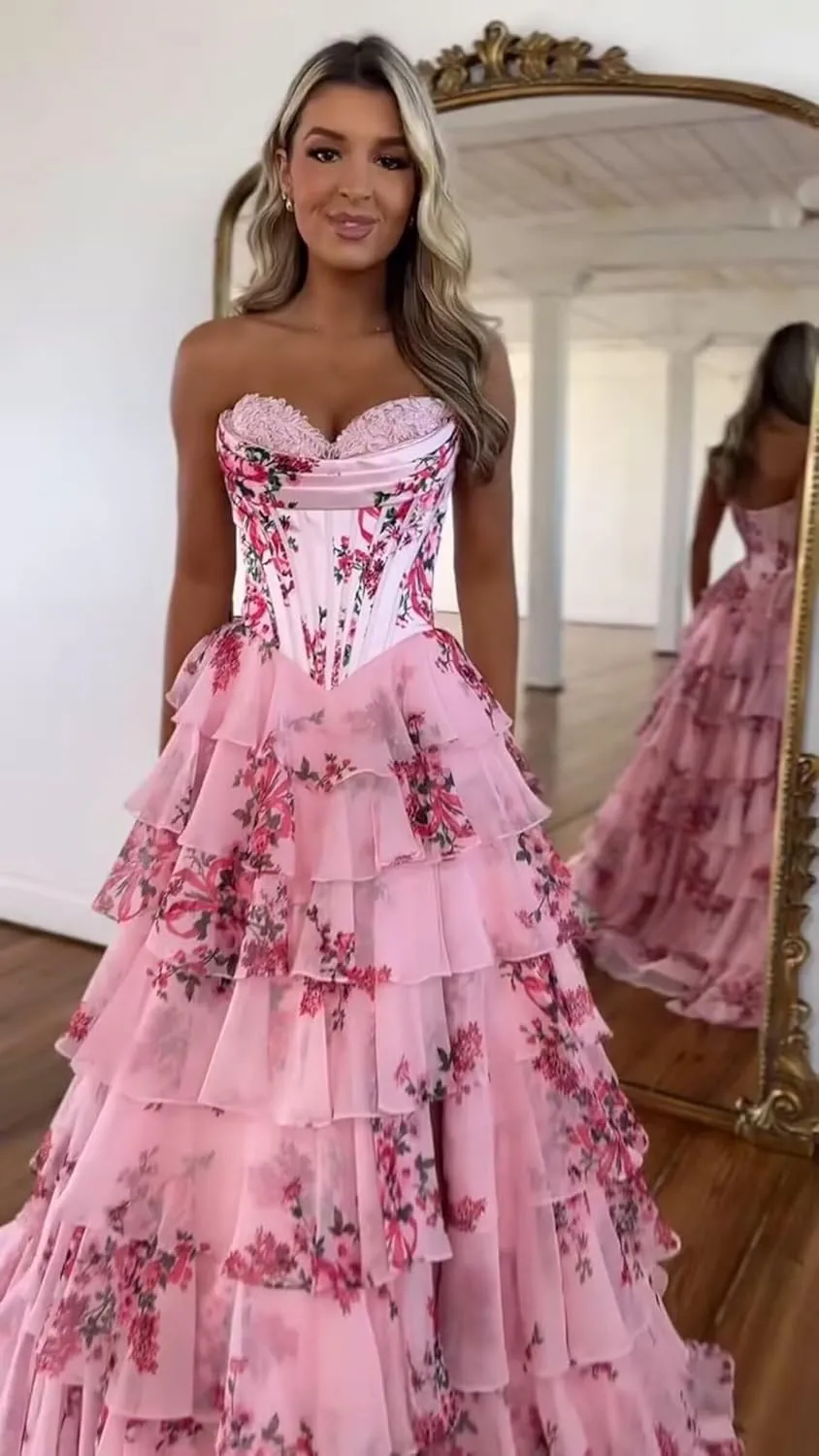 Fair Lady Strapless Prom Dresses for Women Long Corset Tiered Ruffle Chiffon Formal Evening Party Gowns with Slit