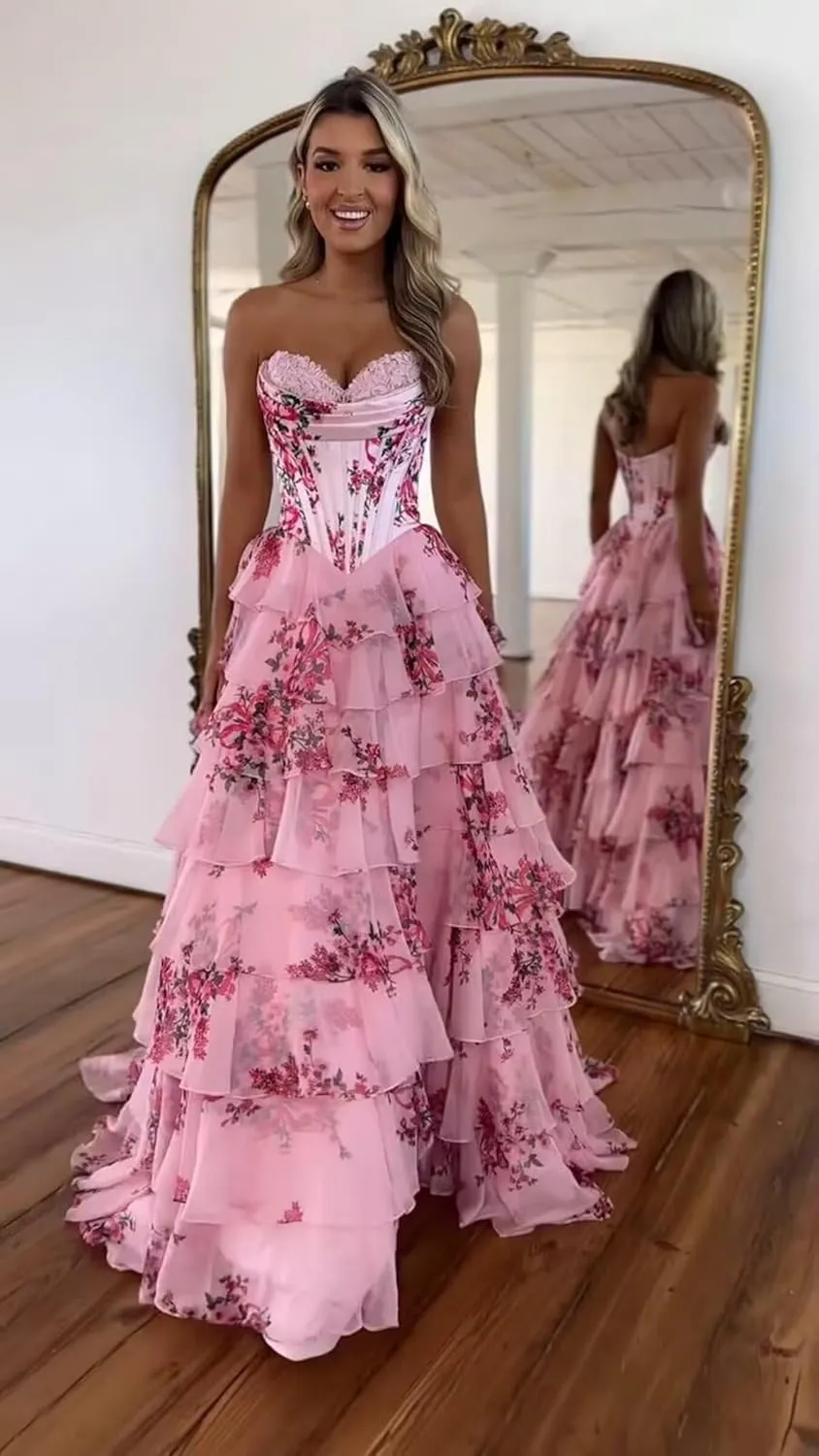 Fair Lady Strapless Prom Dresses for Women Long Corset Tiered Ruffle Chiffon Formal Evening Party Gowns with Slit