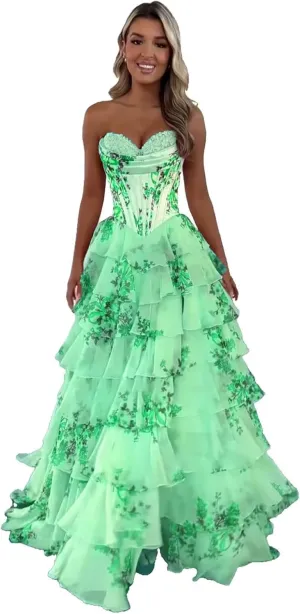 Fair Lady Strapless Prom Dresses for Women Long Corset Tiered Ruffle Chiffon Formal Evening Party Gowns with Slit