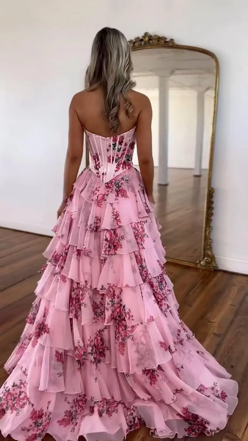 Fair Lady Strapless Prom Dresses for Women Long Corset Tiered Ruffle Chiffon Formal Evening Party Gowns with Slit