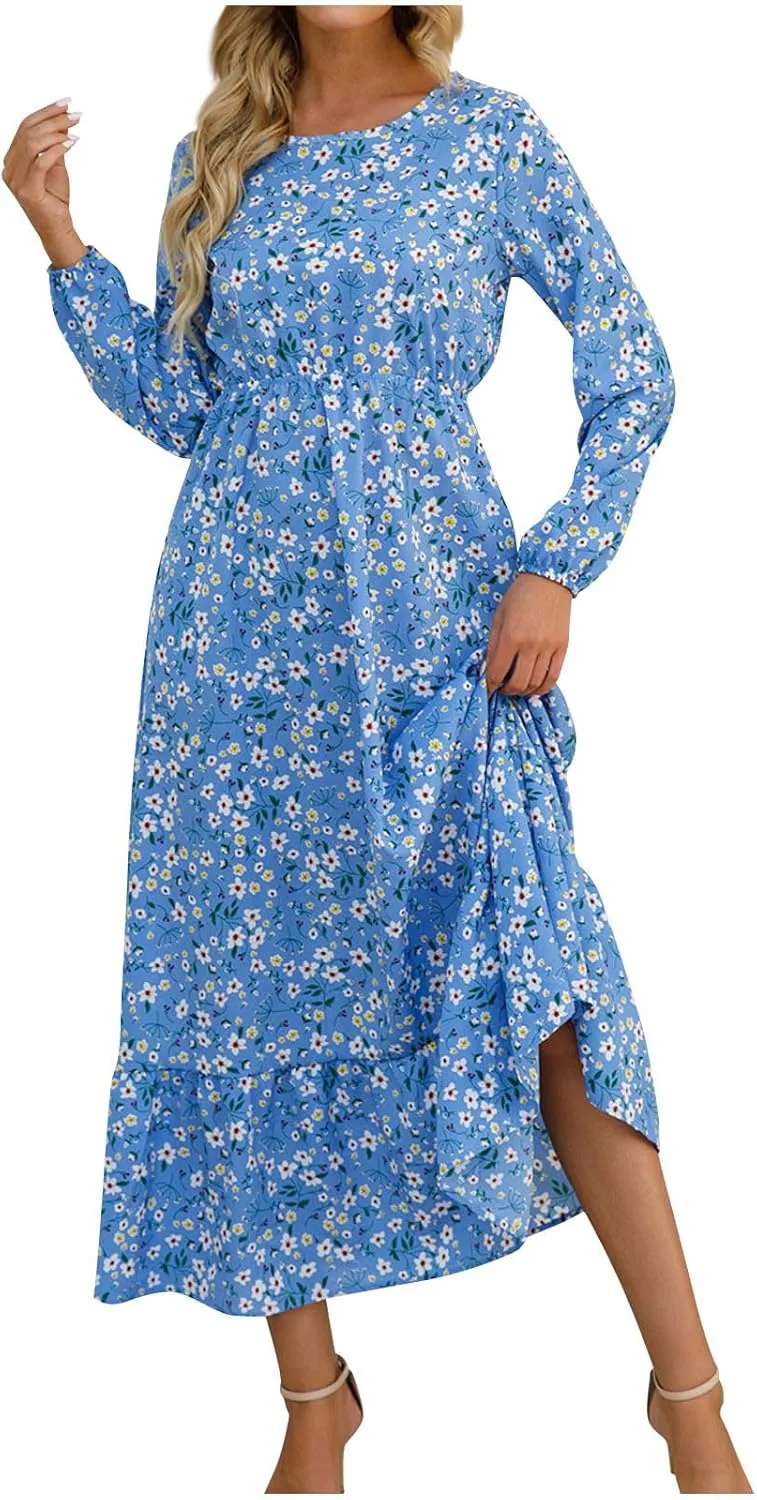 Fall Dresses for Women 2024 Trendy Floral Dress Casual Crewneck Long Sleeve High Waisted Ruffle Flowy Long Maxi Dress