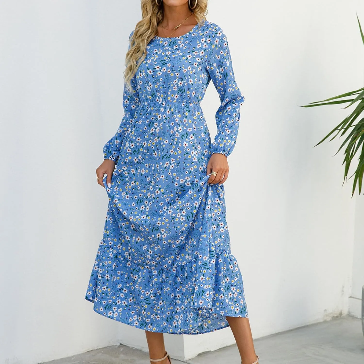 Fall Dresses for Women 2024 Trendy Floral Dress Casual Crewneck Long Sleeve High Waisted Ruffle Flowy Long Maxi Dress