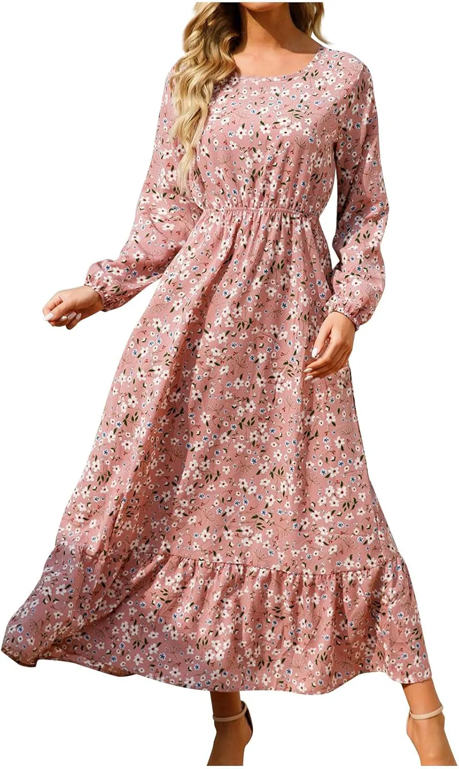 Fall Dresses for Women 2024 Trendy Floral Dress Casual Crewneck Long Sleeve High Waisted Ruffle Flowy Long Maxi Dress