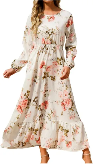 Fall Dresses for Women 2024 Trendy Floral Dress Casual Crewneck Long Sleeve High Waisted Ruffle Flowy Long Maxi Dress
