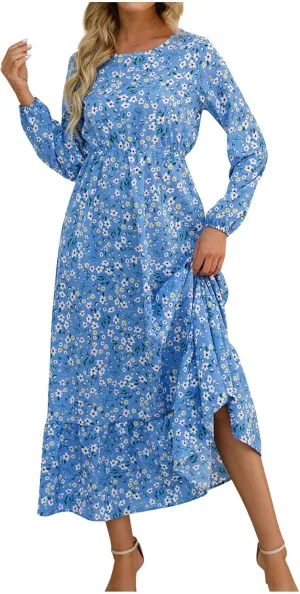 Fall Dresses for Women 2024 Trendy Floral Dress Casual Crewneck Long Sleeve High Waisted Ruffle Flowy Long Maxi Dress