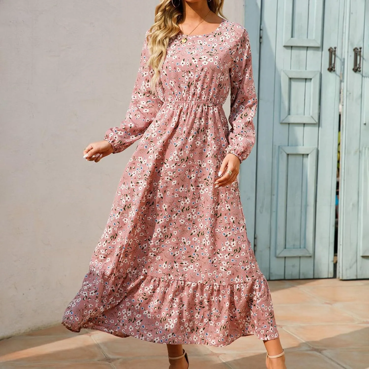 Fall Dresses for Women 2024 Trendy Floral Dress Casual Crewneck Long Sleeve High Waisted Ruffle Flowy Long Maxi Dress