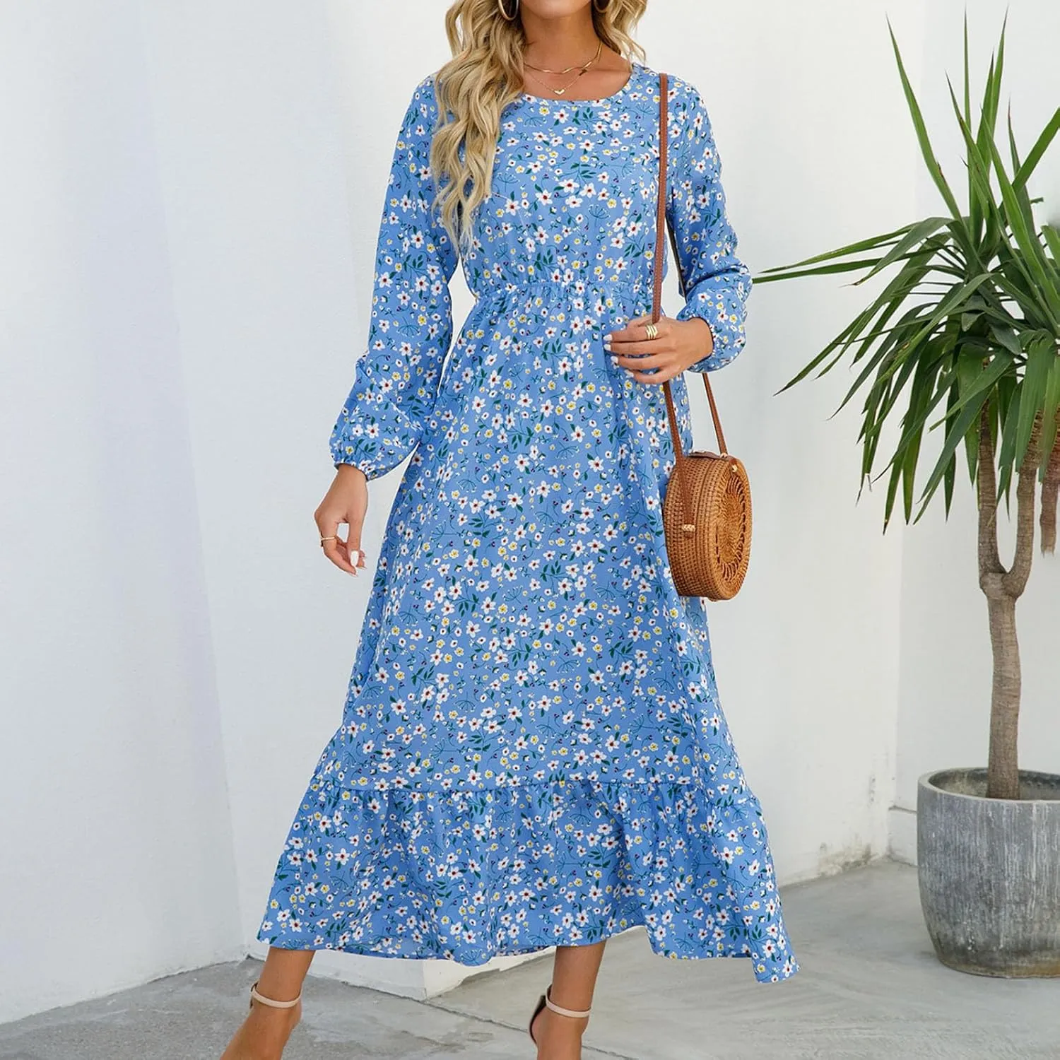 Fall Dresses for Women 2024 Trendy Floral Dress Casual Crewneck Long Sleeve High Waisted Ruffle Flowy Long Maxi Dress