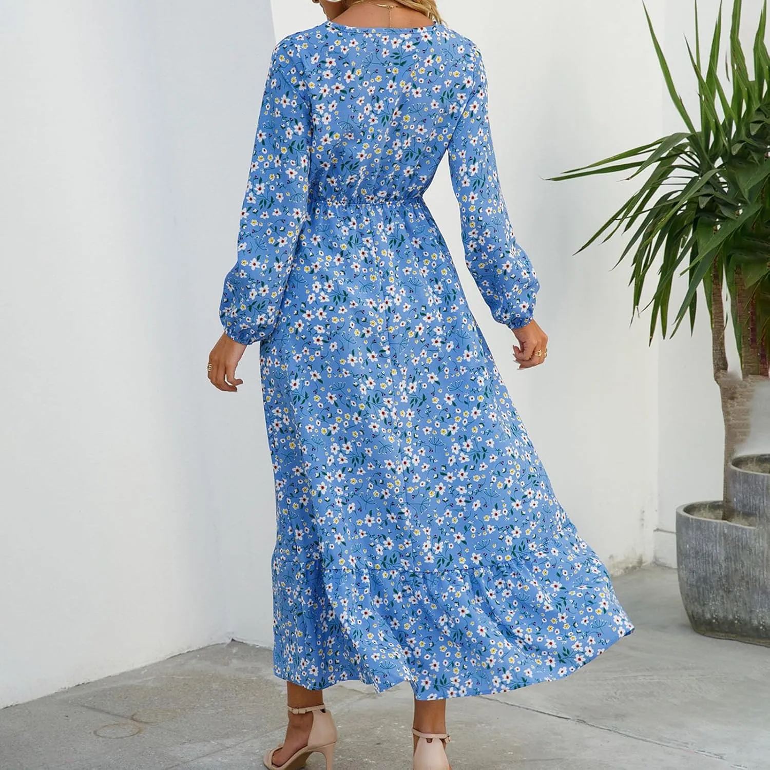 Fall Dresses for Women 2024 Trendy Floral Dress Casual Crewneck Long Sleeve High Waisted Ruffle Flowy Long Maxi Dress