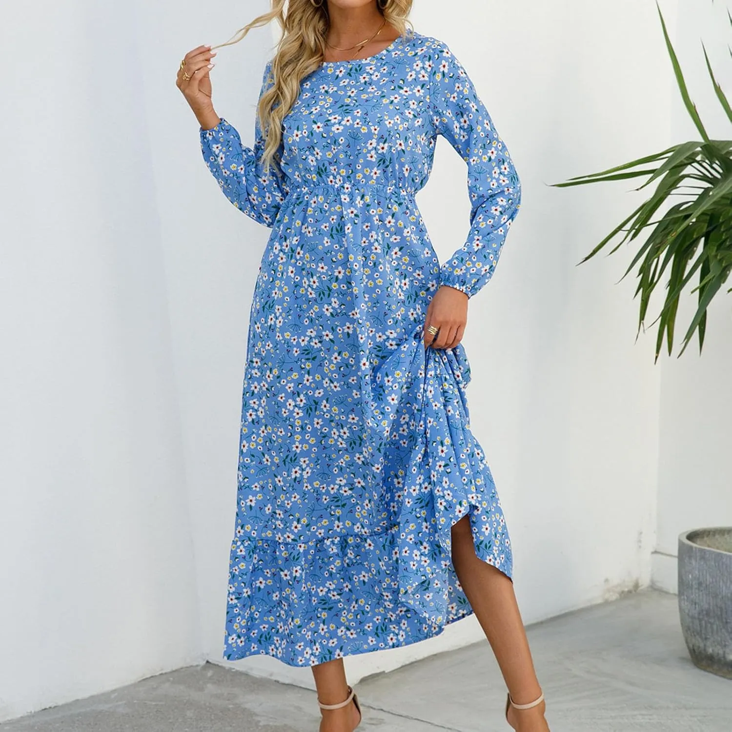 Fall Dresses for Women 2024 Trendy Floral Dress Casual Crewneck Long Sleeve High Waisted Ruffle Flowy Long Maxi Dress