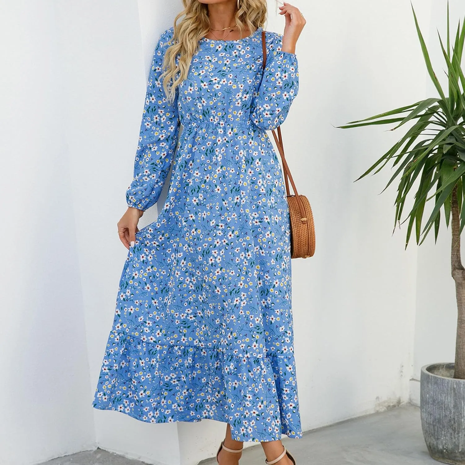 Fall Dresses for Women 2024 Trendy Floral Dress Casual Crewneck Long Sleeve High Waisted Ruffle Flowy Long Maxi Dress