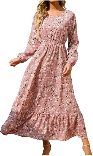 Fall Dresses for Women 2024 Trendy Floral Dress Casual Crewneck Long Sleeve High Waisted Ruffle Flowy Long Maxi Dress