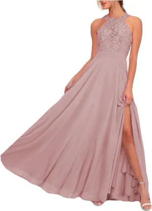 Fanciest Halter Top Lace Prom Dresses with Split Long 2024 Chiffon Bridesmaid Dress for Women Junior Party Dress