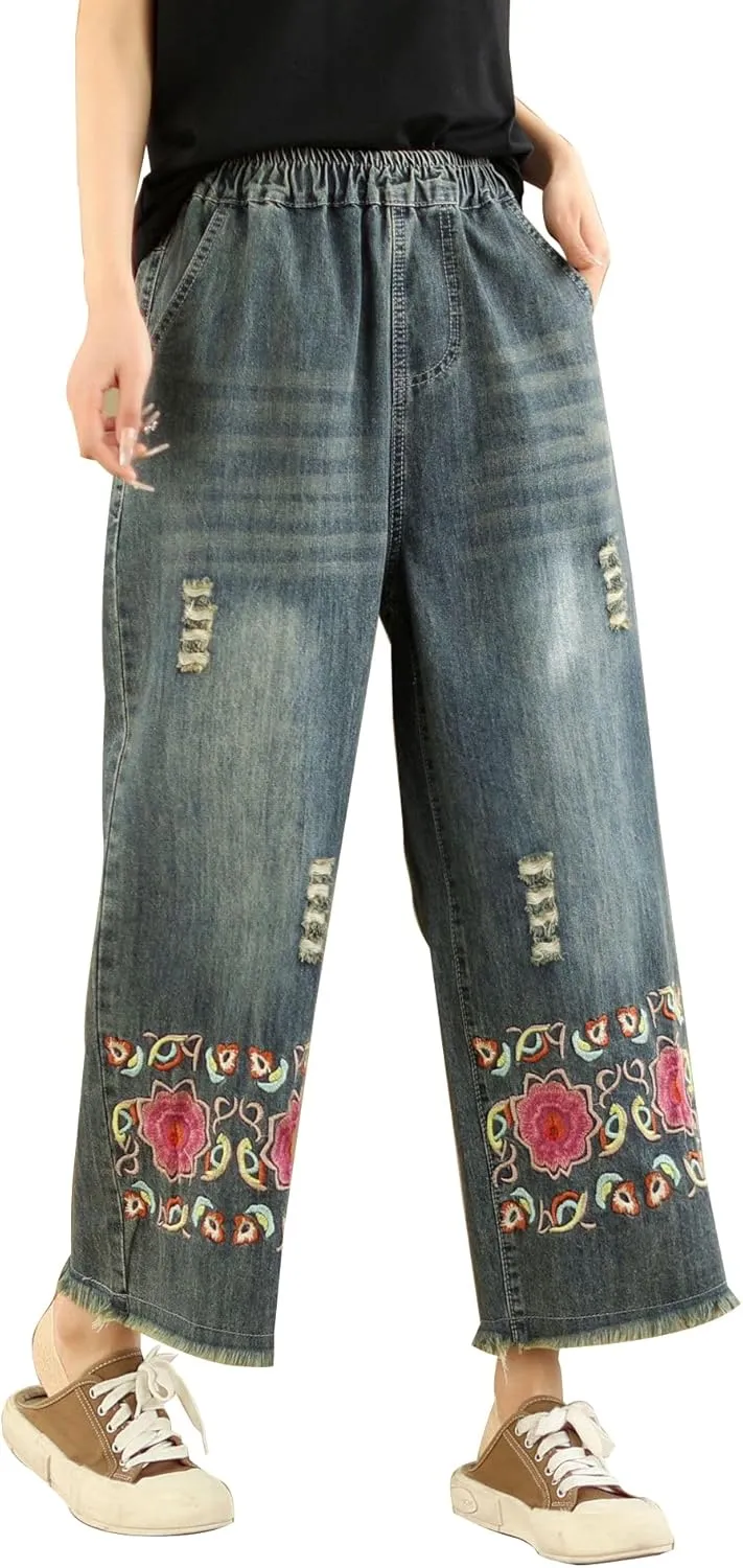 Fashion Spring Summer Ladies Ripped Loose Jeans Women Casual Embroidery Elastic Wide-Leg Denim Trousers