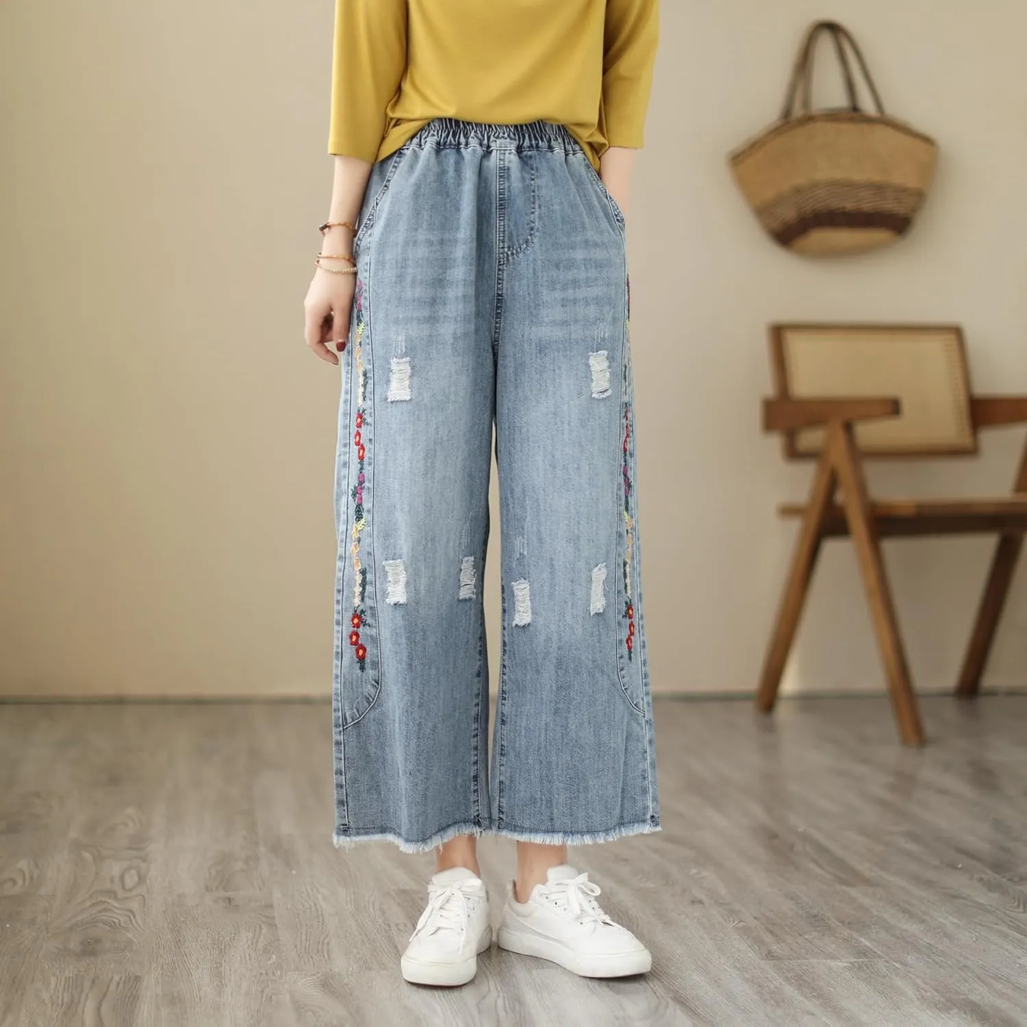 Fashion Spring Summer Ladies Ripped Loose Jeans Women Casual Embroidery Elastic Wide-Leg Denim Trousers
