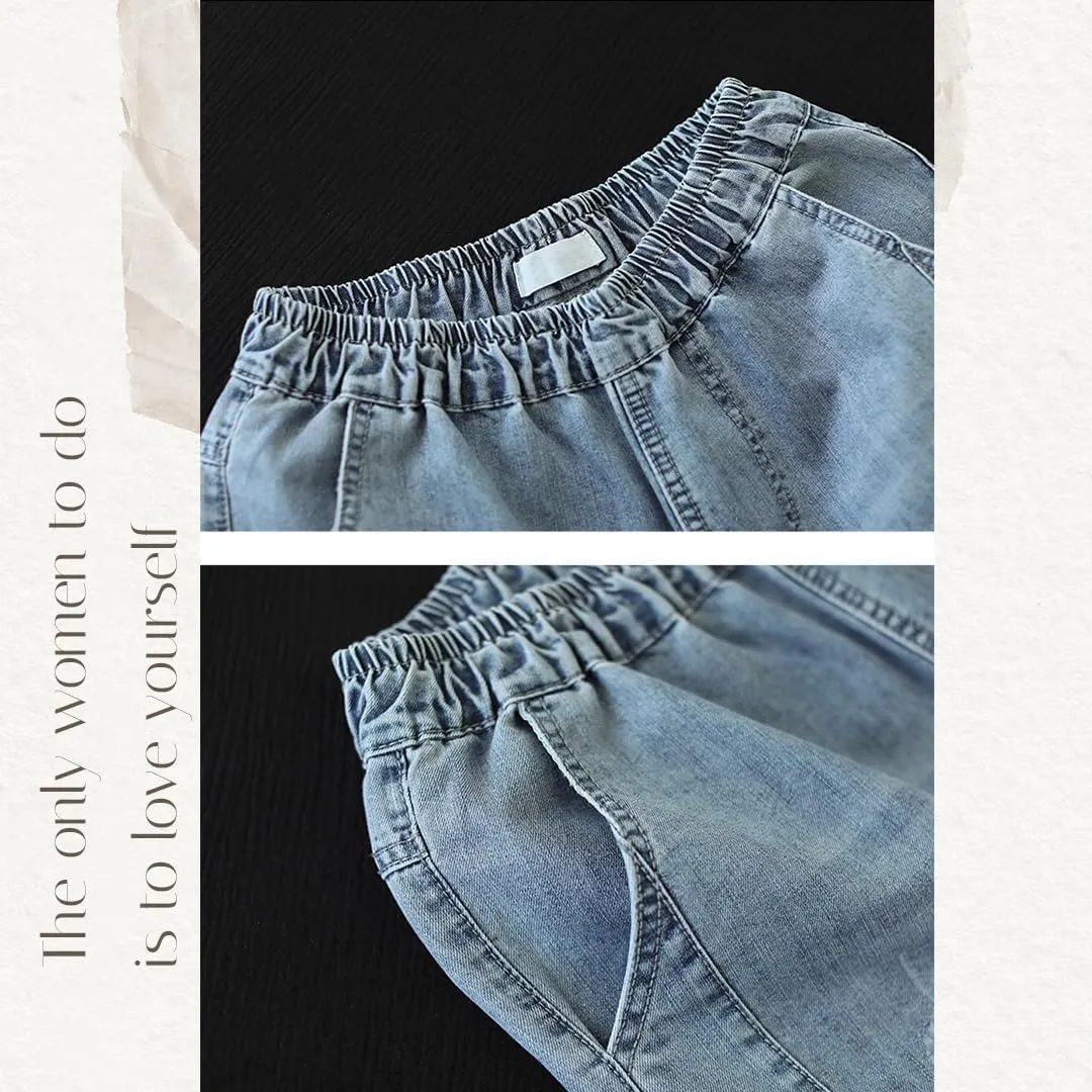 Fashion Spring Summer Ladies Ripped Loose Jeans Women Casual Embroidery Elastic Wide-Leg Denim Trousers