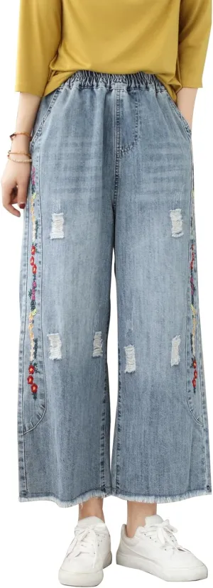 Fashion Spring Summer Ladies Ripped Loose Jeans Women Casual Embroidery Elastic Wide-Leg Denim Trousers