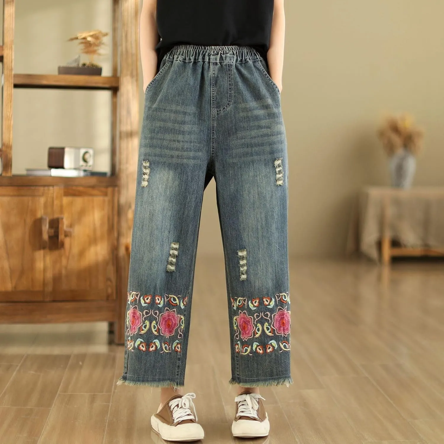 Fashion Spring Summer Ladies Ripped Loose Jeans Women Casual Embroidery Elastic Wide-Leg Denim Trousers