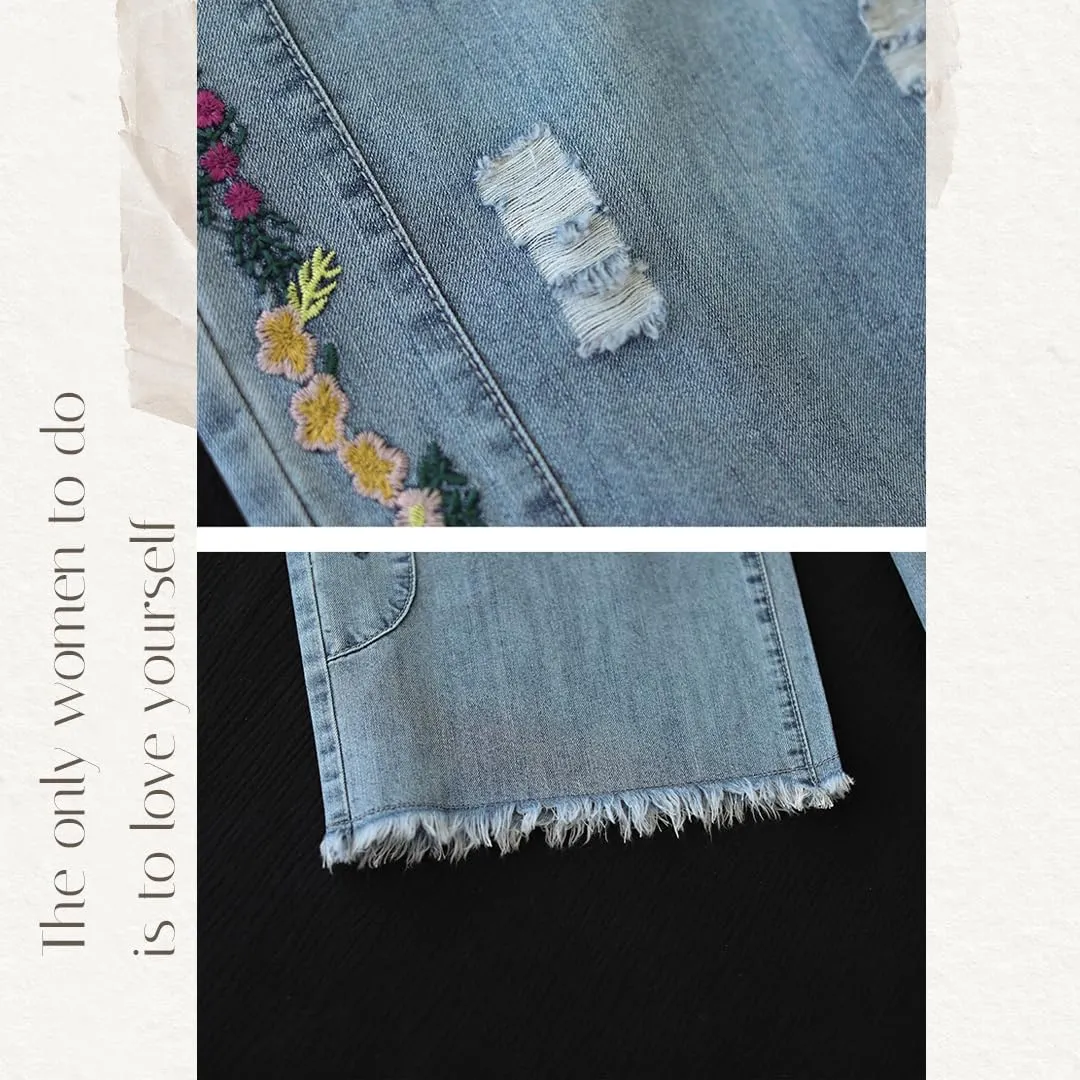 Fashion Spring Summer Ladies Ripped Loose Jeans Women Casual Embroidery Elastic Wide-Leg Denim Trousers