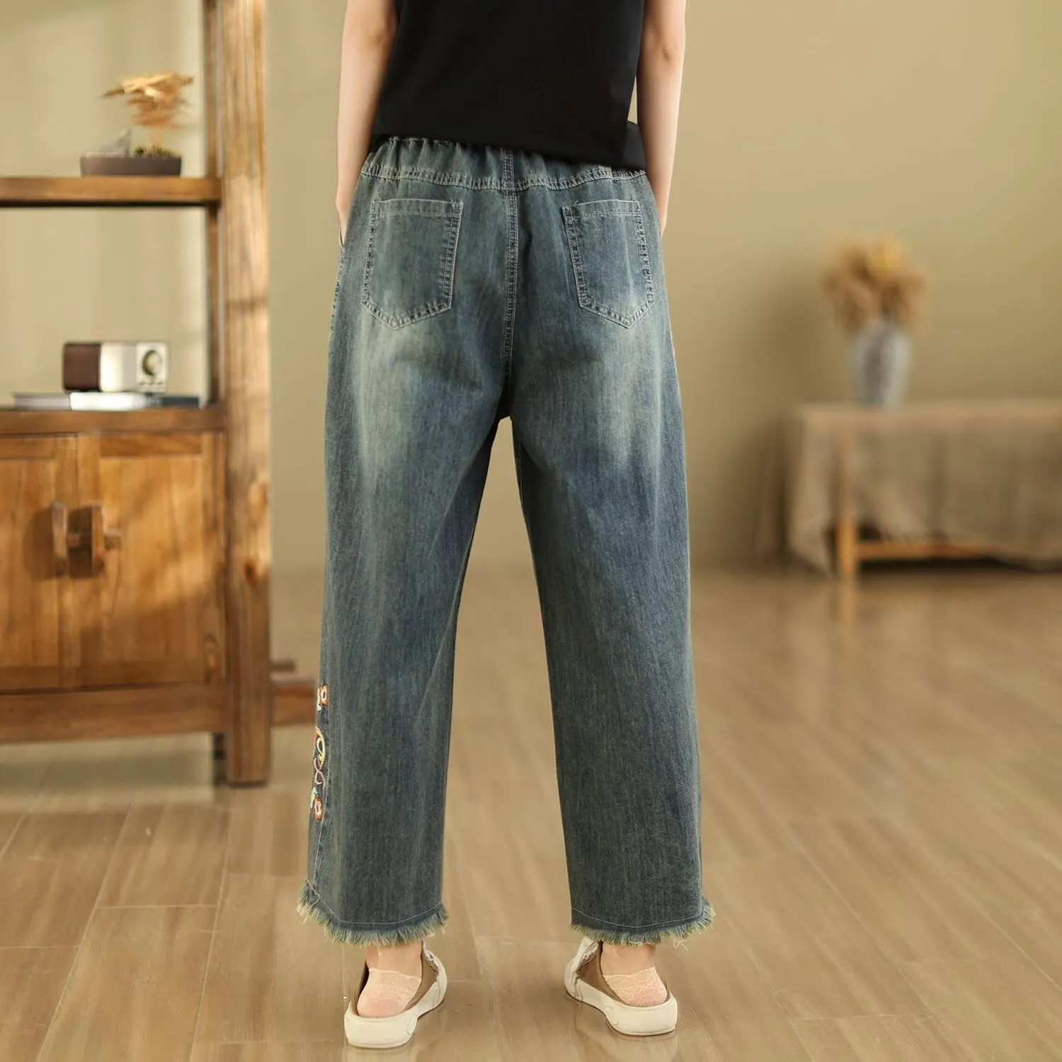 Fashion Spring Summer Ladies Ripped Loose Jeans Women Casual Embroidery Elastic Wide-Leg Denim Trousers