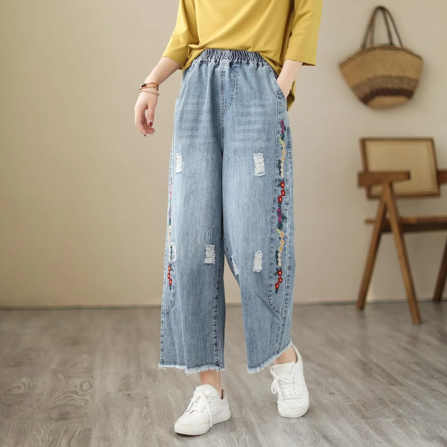 Fashion Spring Summer Ladies Ripped Loose Jeans Women Casual Embroidery Elastic Wide-Leg Denim Trousers