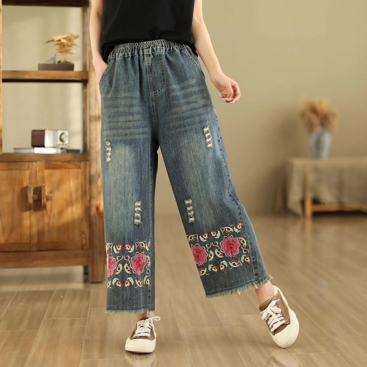 Fashion Spring Summer Ladies Ripped Loose Jeans Women Casual Embroidery Elastic Wide-Leg Denim Trousers