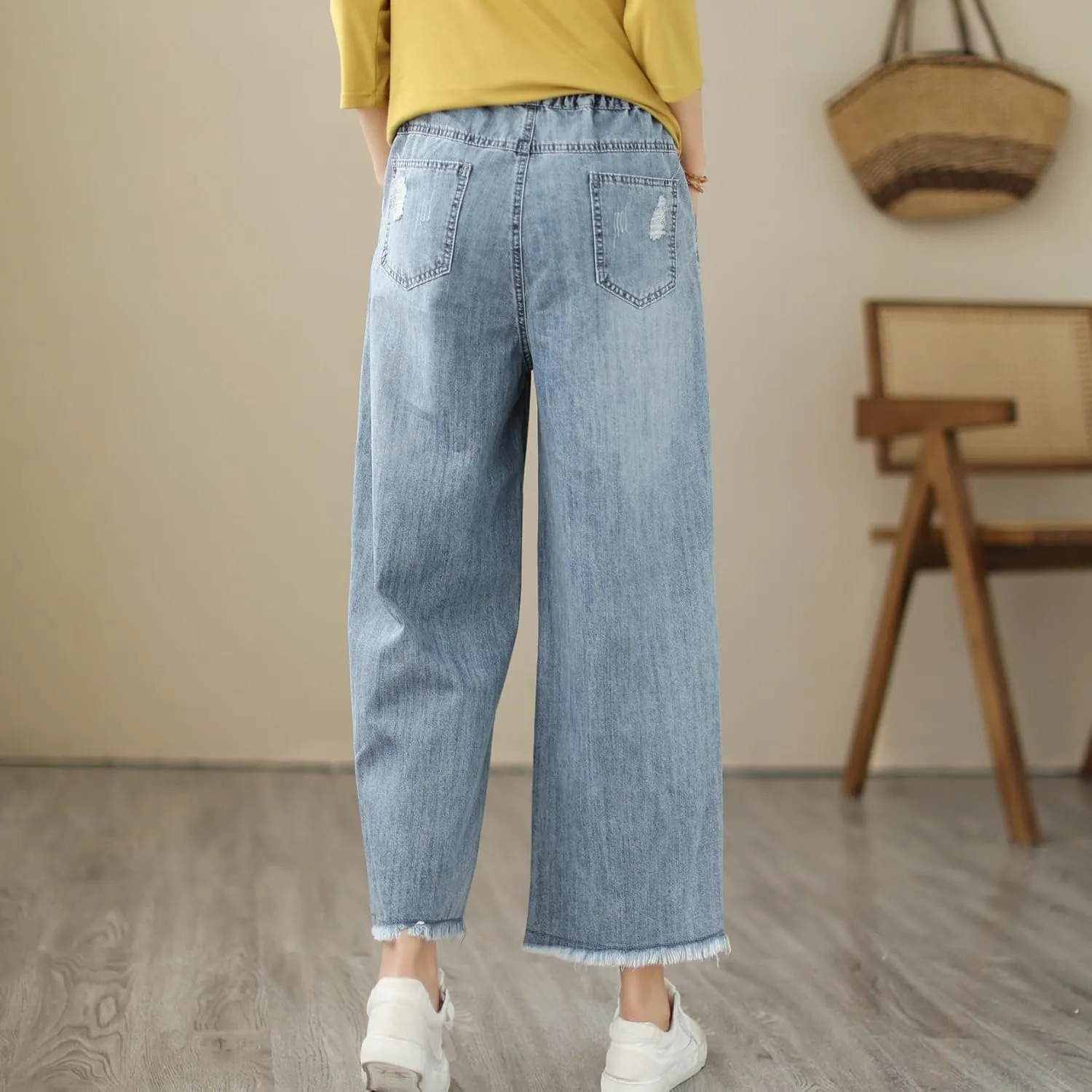 Fashion Spring Summer Ladies Ripped Loose Jeans Women Casual Embroidery Elastic Wide-Leg Denim Trousers