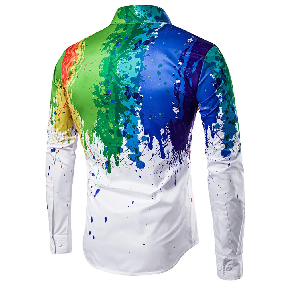 Fashionable 3D Inked Print Colorful Turndown Collar Long Sleeve Shirt for Men 6497