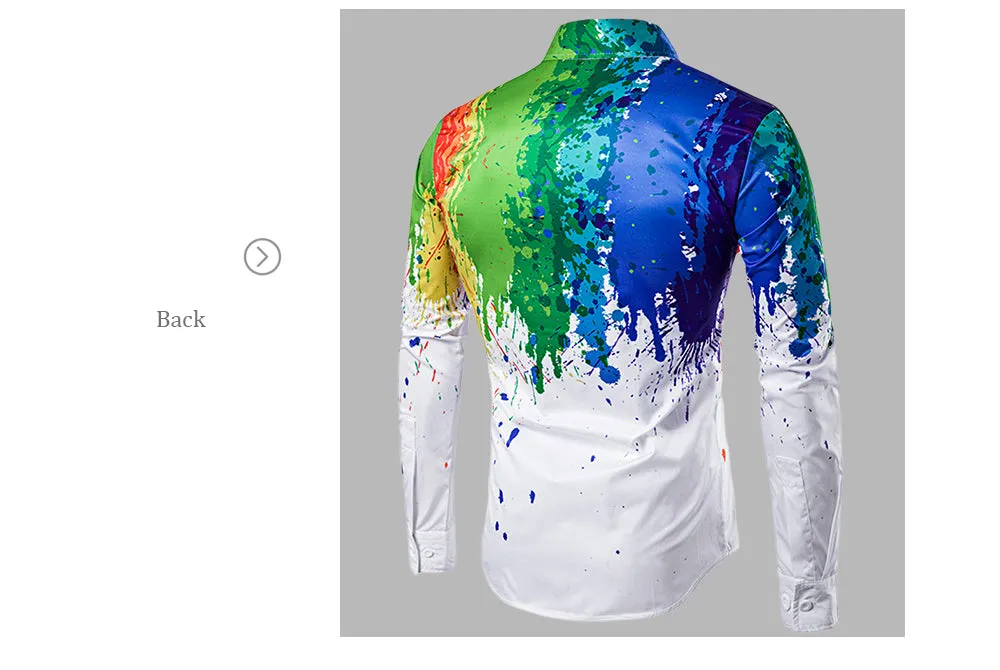 Fashionable 3D Inked Print Colorful Turndown Collar Long Sleeve Shirt for Men 6497