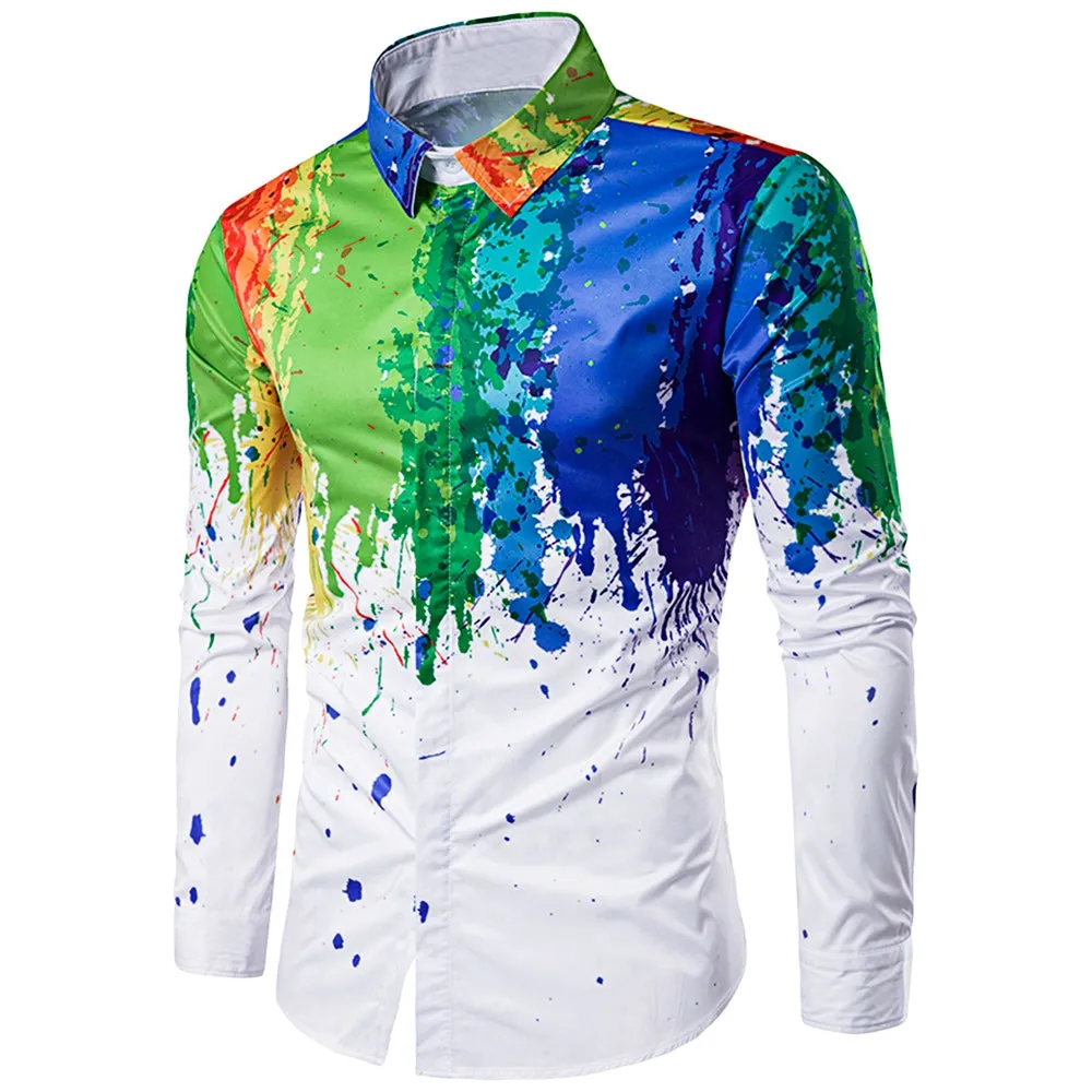 Fashionable 3D Inked Print Colorful Turndown Collar Long Sleeve Shirt for Men 6497
