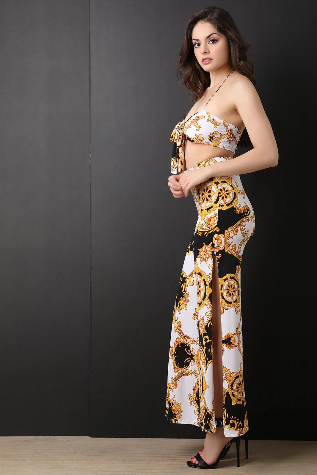 Filigree Wheel Print Halter Top With Slit Pants Set