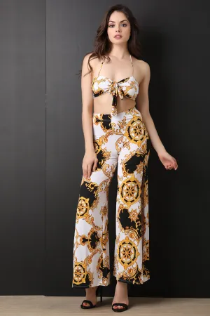Filigree Wheel Print Halter Top With Slit Pants Set