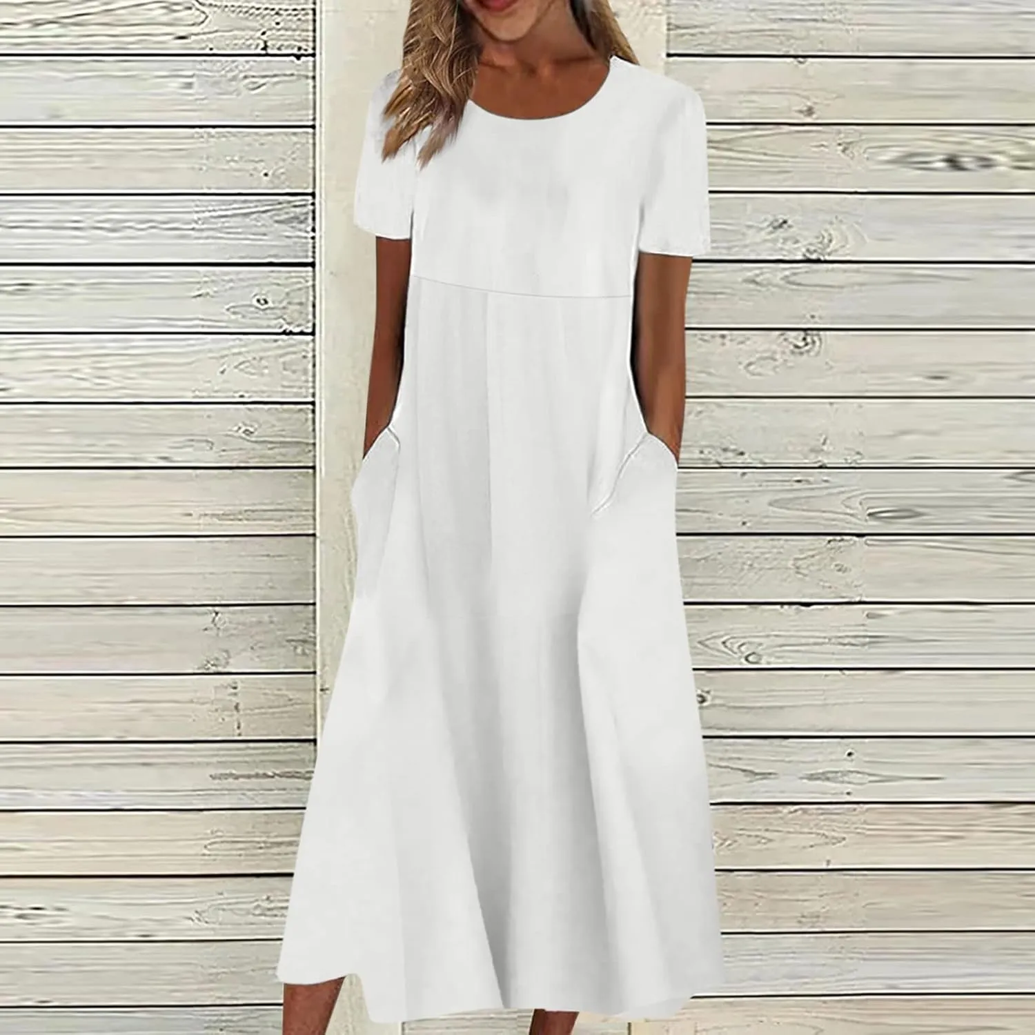 FlekmanArt Dresses for Women 2025 Short Sleeve Pocket Dresses Pleated Printed Beach Dress Round Neck Loose Maxi Dress