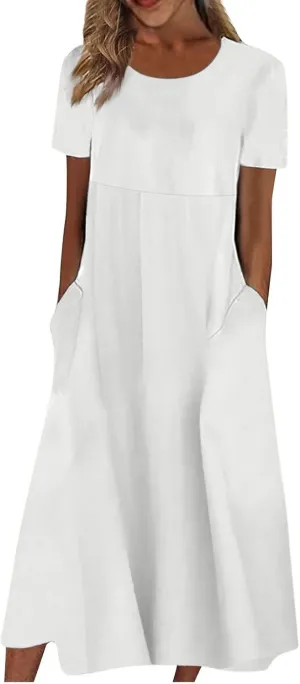 FlekmanArt Dresses for Women 2025 Short Sleeve Pocket Dresses Pleated Printed Beach Dress Round Neck Loose Maxi Dress