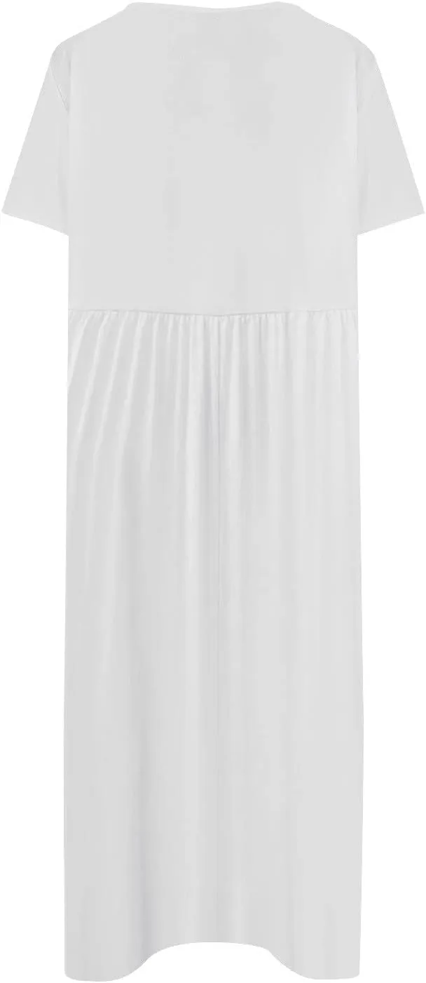 FlekmanArt Dresses for Women 2025 Short Sleeve Pocket Dresses Pleated Printed Beach Dress Round Neck Loose Maxi Dress