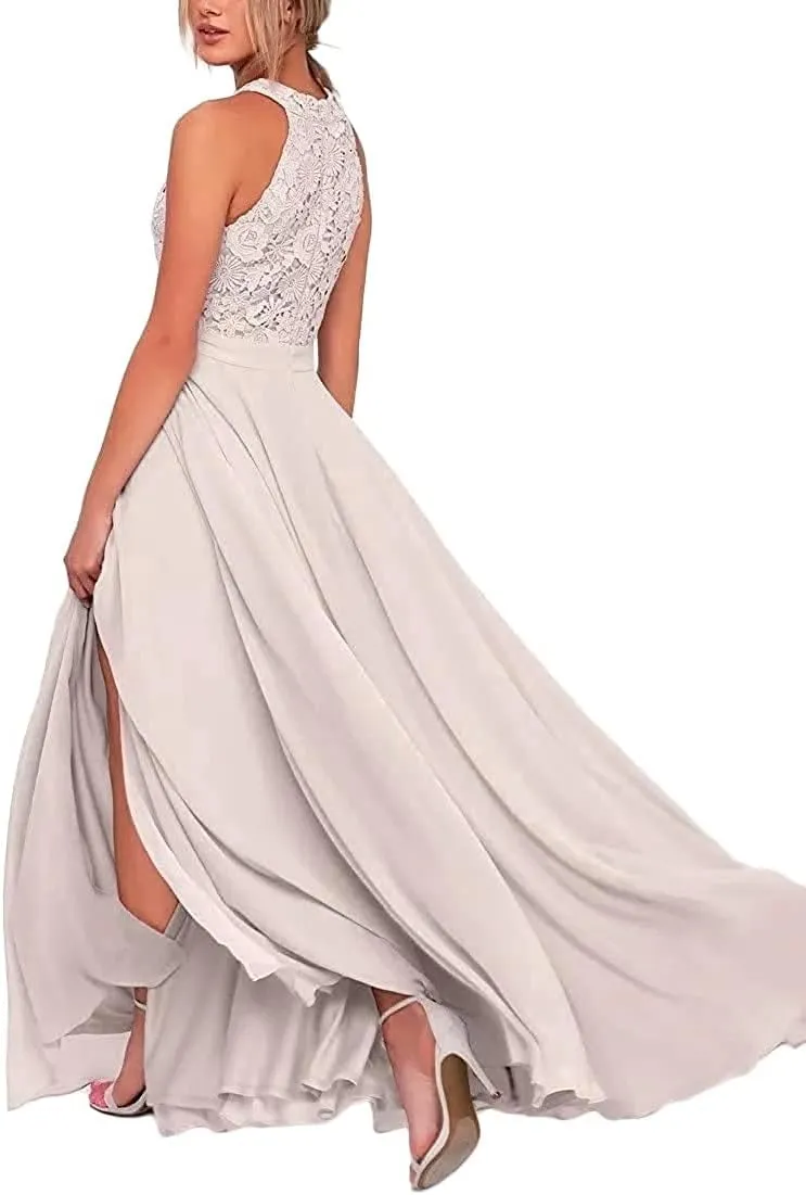 Floral Lace Chiffon Bridesmaid Dresses Long Halter Formal Slit Dress Flowy Chiffon Maxi Evening Wedding Gown