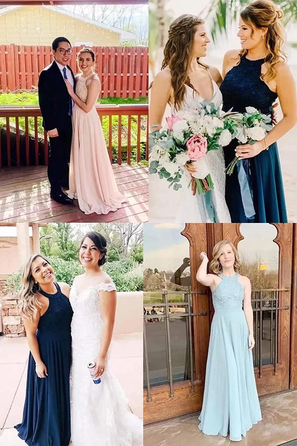 Floral Lace Chiffon Bridesmaid Dresses Long Halter Formal Slit Dress Flowy Chiffon Maxi Evening Wedding Gown