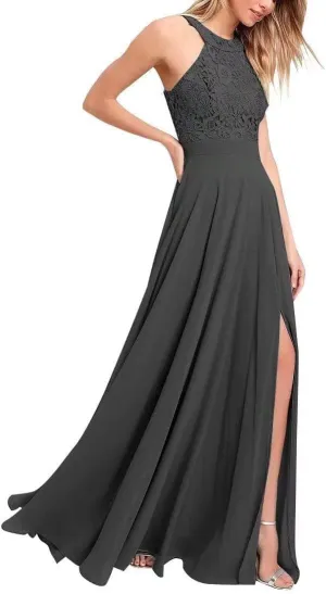 Floral Lace Chiffon Bridesmaid Dresses Long Halter Formal Slit Dress Flowy Chiffon Maxi Evening Wedding Gown