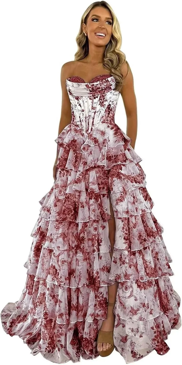 Floral Strapless Tiered Ruffle Prom Dresses for Women 2025 A Line Corset Long Formal Evening Ball Gowns with Slit