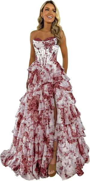 Floral Strapless Tiered Ruffle Prom Dresses for Women 2025 A Line Corset Long Formal Evening Ball Gowns with Slit