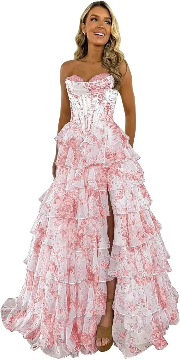 Floral Strapless Tiered Ruffle Prom Dresses for Women 2025 A Line Corset Long Formal Evening Ball Gowns with Slit
