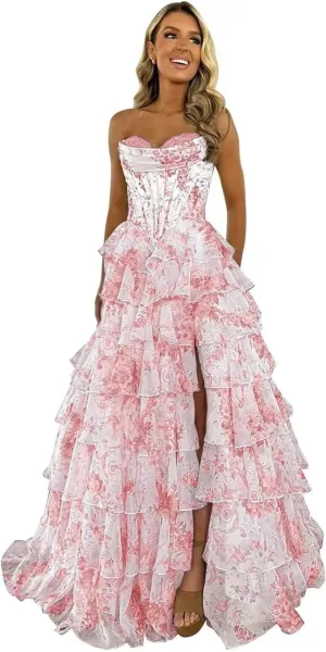 Floral Strapless Tiered Ruffle Prom Dresses for Women 2025 A Line Corset Long Formal Evening Ball Gowns with Slit