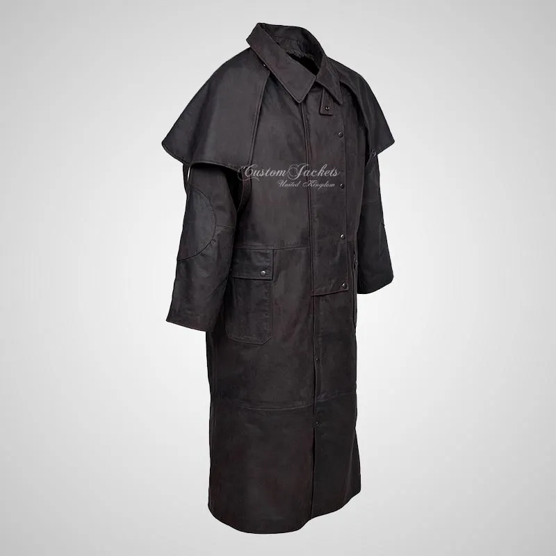 FORESTER Men's Leather Riding Long Coat Brown Duster Coat