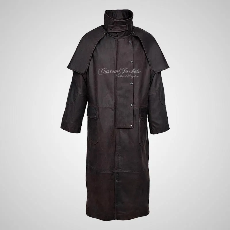 FORESTER Men's Leather Riding Long Coat Brown Duster Coat