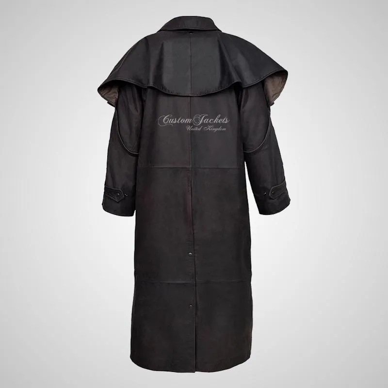 FORESTER Men's Leather Riding Long Coat Brown Duster Coat