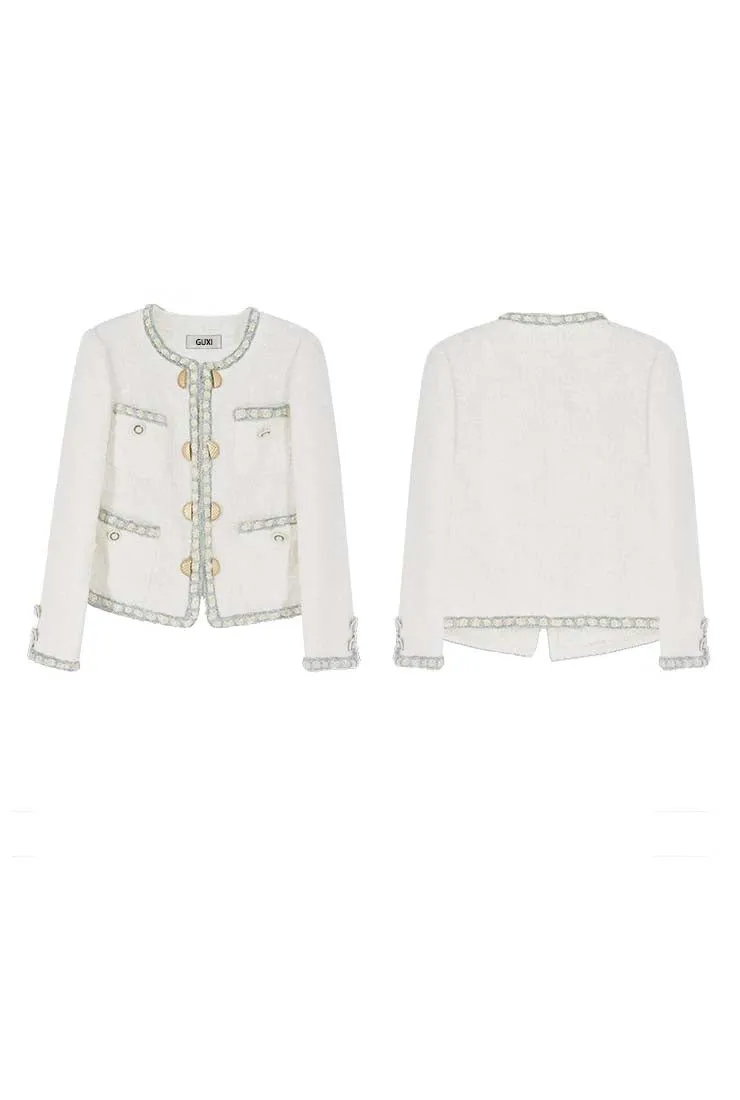 Front Pockets Vintage White Tweed Jacket