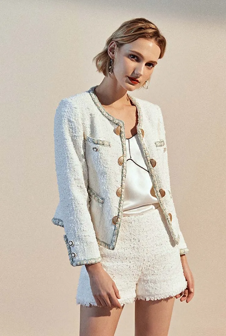 Front Pockets Vintage White Tweed Jacket