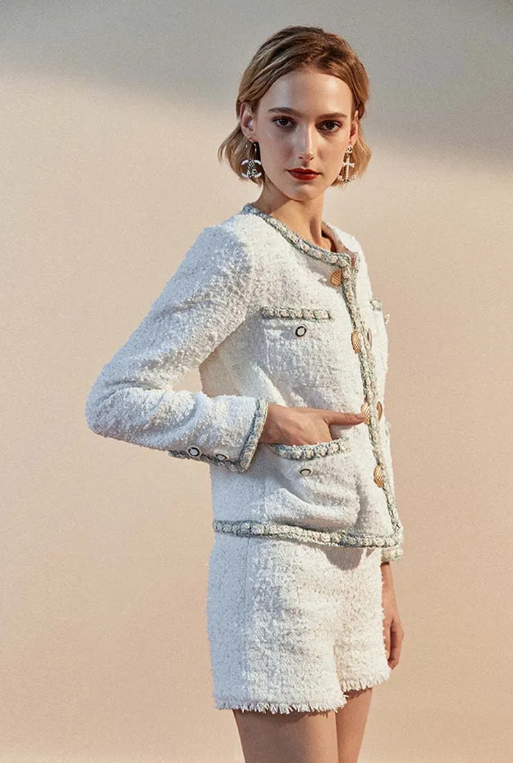 Front Pockets Vintage White Tweed Jacket