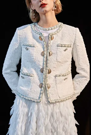 Front Pockets Vintage White Tweed Jacket