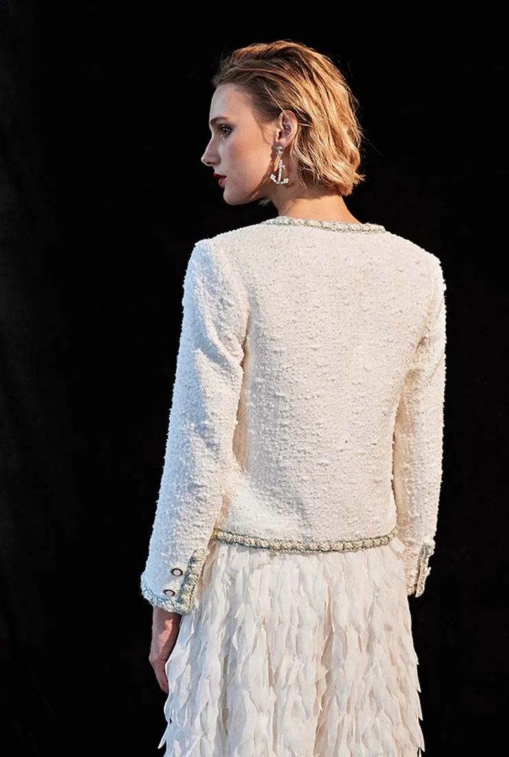 Front Pockets Vintage White Tweed Jacket