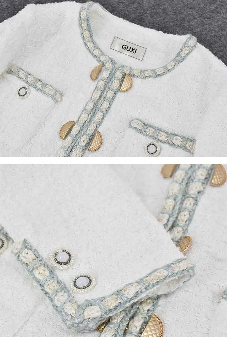 Front Pockets Vintage White Tweed Jacket